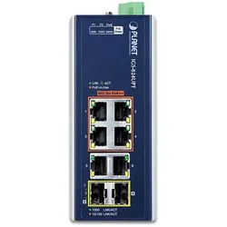 Planet Industrial 4-Port GE 802.3at + 2 GE + 2 100/1000X SFP (6 Ports), Netzwerk Switch, Blau, Weiss