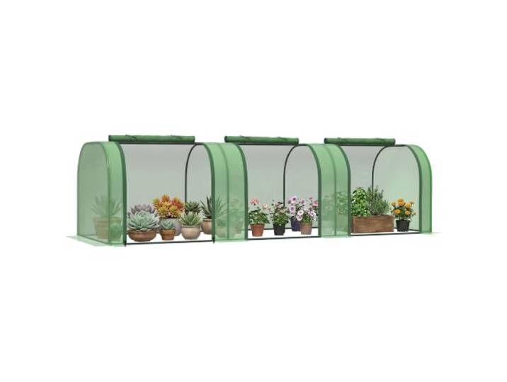 Outsunny Mini Serre de Jardin Tunnel 3 Portes 3x1x0\,8m Acier Vert Mini Serre Tunnel\, Acier\, Plastique Haute Densité\, 3 Portes avec Zip Enroulables