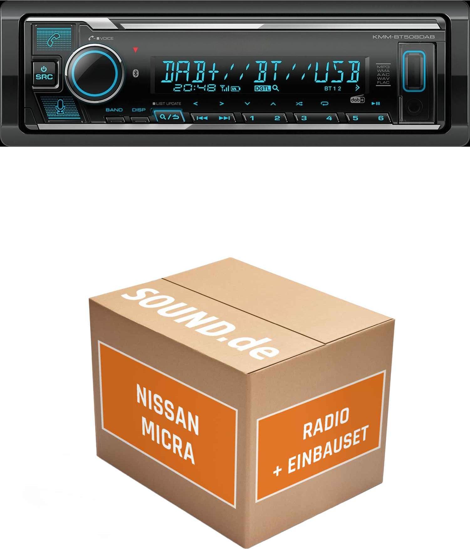 Autoradio Einbaupaket Kenwood KMM BT508DAB passend für Nissan Micra K13 + Soundsystem Silber | Bluetooth Telefonieren DAB+