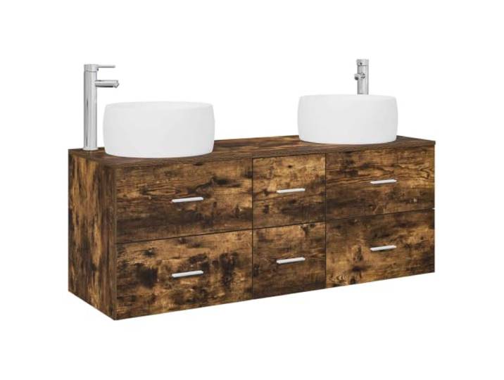 PUGYNBK Badmöbel-Set, 3-teilig, Eiche rauchfarben Waschbecken mit Schubladen, Schrank ohne Bohren, Wandmontage, technisches Holz
