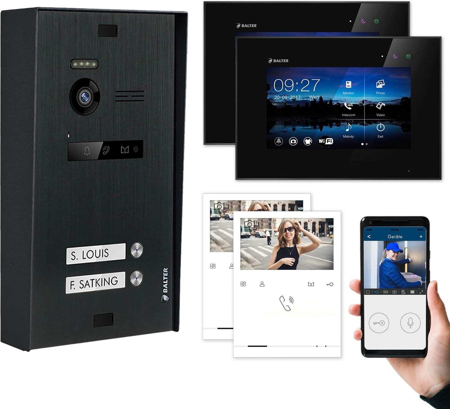 BALTER EVO Aufputz Schwarz 7" WiFi Monitor Schwarz + Quick Video Türsprechanlage Set 2 Familienhaus