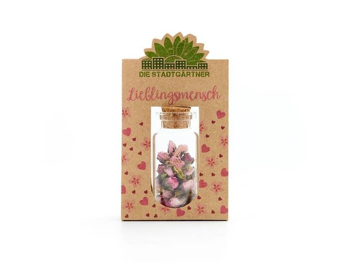 Geschenk Lieblingsmensch Blüten im Glas mit Korkverschluss, Blüten zum Verschenken