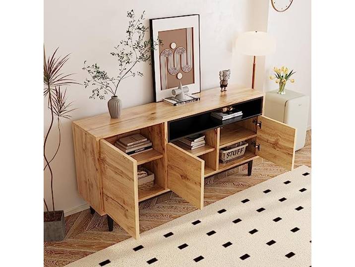 FurnitureR Moderner Sideboard aus Holz mit DREI Türen und Regalen, 160 x 35 x 76 cm, Einfache Montage, platzsparendes Design, robust und zuverlässig