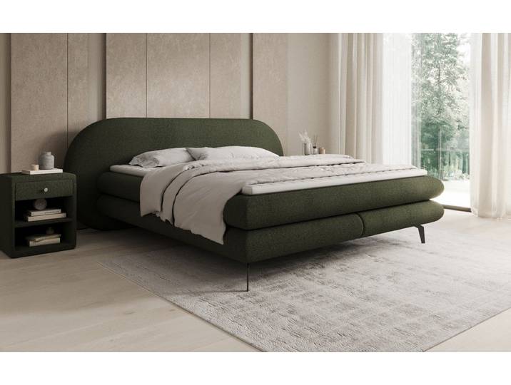 Boxspringbett Marisol mit ovalem Headboard in Bouclé - Grün - 180x200 - H2 (bis 70kg) - Luxusbetten24