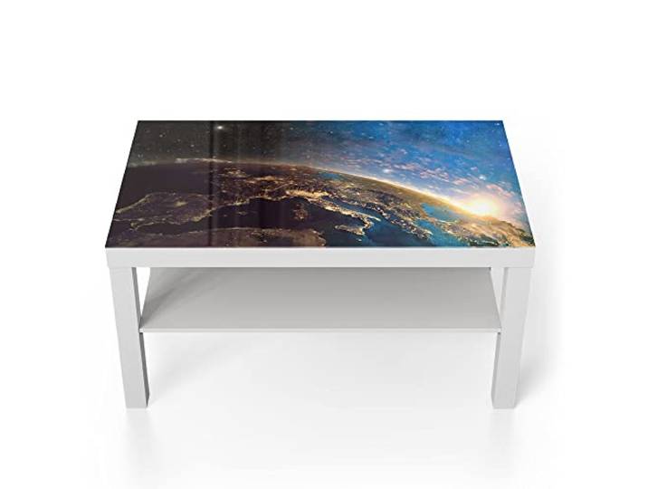 DEQORI Glastisch weiß groß 90x50 cm Motiv Erdball bei Sonnenaufgang ausgefallener Beistelltisch aus Glas Hochglanz Couchtisch fürs Wohnzimmer moderner Couch Tisch mit Design