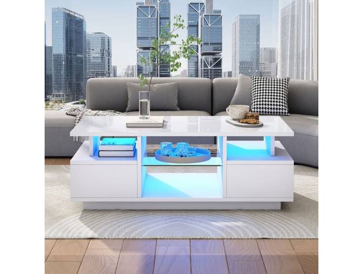 Table basse - SOGEU - 100x50x36 cm - 2 tiroirs - Étagères en verre - LED intégrées