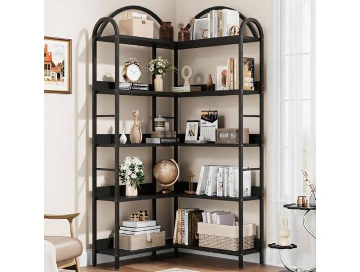Furntrastar Eckregal Schwarz 174 Cm, L-Form, 5 Ebenen, Bogenform L-Form Für Die Ecke 174 Cm Hoch Schwarz Metall Und Holz