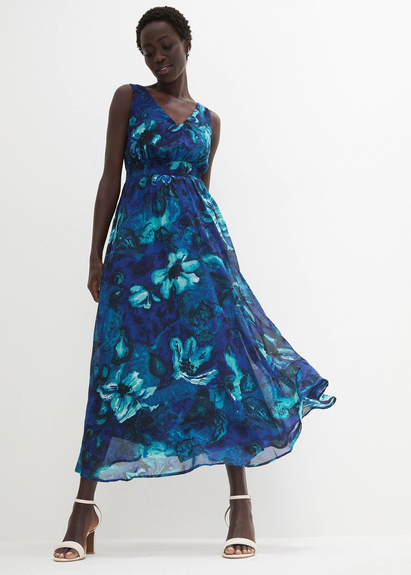 bonprix Chiffon Maxikleid, blau, Gr.38, Maxikleid mit zartem Blumenmuster und V-Ausschnitt
