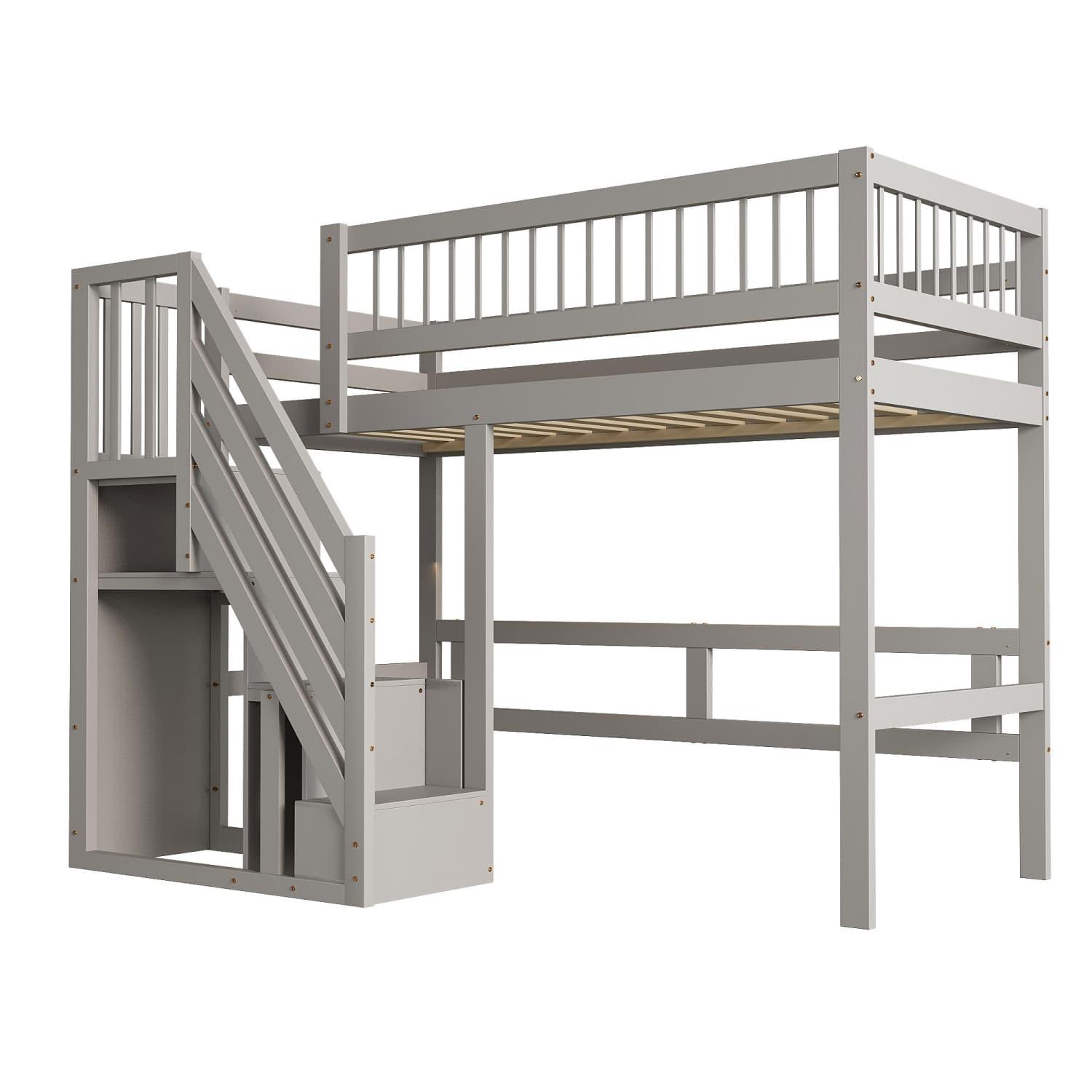 Massivholzbett 90*200, Treppe mit Aufbewahrungsschrank, Kinderbett, Jugendbett, Einzelbett, Massivholzrahmen, hohe Ausführung