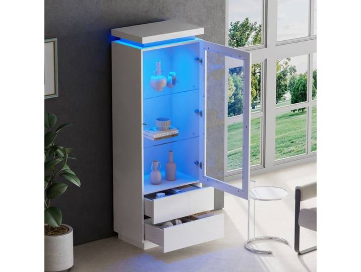 Vitrine 60*40*171cm Avec éclairage LED Blanc Vitrine haute brillance en verre avec LED Armoire haute brillance avec 2 tiroirs
