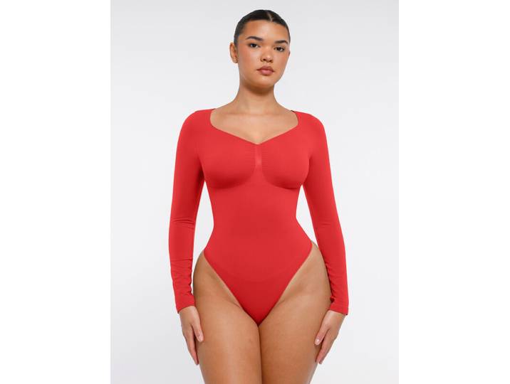 Feelingirl Body thong sans coutures, manches longues, effet gainant - XL - rouge