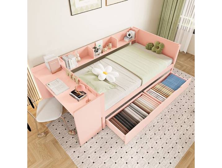 Lit combiné enfant - ZEVKOR - 90x200 - Bureau intégré - 2 tiroirs - 3 étagères