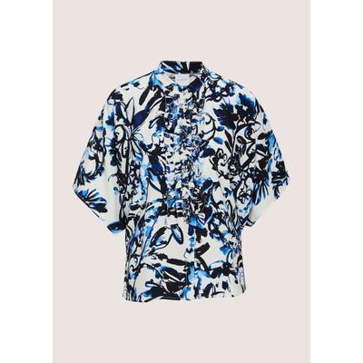 Kurzarmbluse MADELEINE "Blusenshirt Oversized-Bluse mit Rüschen", Damen, Gr. 40, weiß (weiß, marine), Obermaterial: 100% Viskose CV., Modern, oversize, Blusen, Bluse mit Rüschendekoration an der Knopfleiste