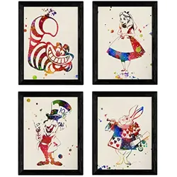 POSTER Set mit 4 Alice im Wunderland, Alice, Kaninchen, Hutmacher und Katze A4 Schwarzer Rahmen