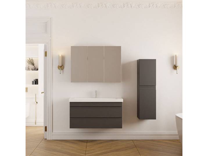 Meuble de salle de bain Lara 100 cm – Ensemble 3 pièces anthracite avec vasque céramique et armoire miroir