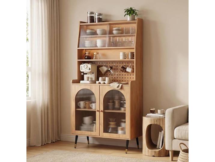 JIEXI Buffet de cuisine meuble haut de bar avec portes vitrées coulissantes avec kit anti-basculement