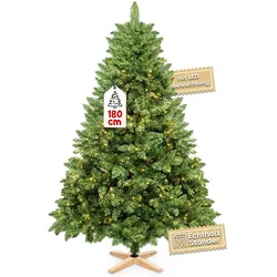 VESKA Weihnachtsbaum künstlich 180cm - mit Holzständer, Nordmanntanne, Künstlicher Tannenbaum, Naturgetreu, dichte Zweige mit LED