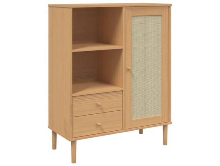GFMGUEMV Highboard SENJA Rattan-Optik Braun 90x40x112 cm Kiefernholz Massives Kiefernholz, Poly Rattan Türfront, 2 Schubladen, 5 Fächer, UV-Lackierung, Mid-Century Boho Design, mit Wandhalterung
