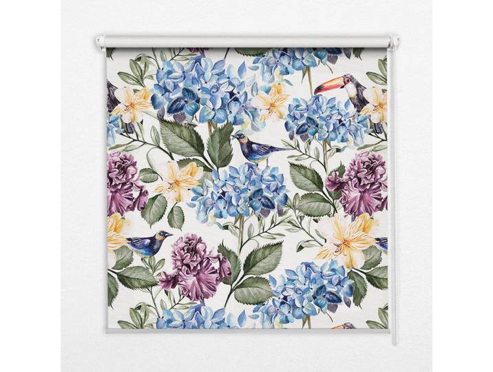 Tulup Innenrollo - Fensterrollo - Rollo - 90x140 cm - Tukane und Blumen, Blau, Kunststoff, Rechteckig, 90x140x0.5 cm, Heimtextilien, Vorhänge, Rollos