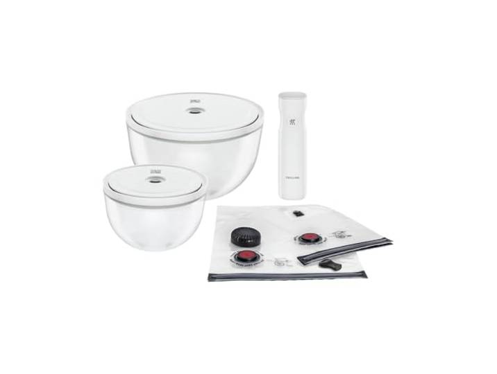 ZWILLING Fresh & Save Bowls Vakuum Starter Set 9-tlg, 2 Glaslschüsseln mit 2 Vakuumdeckel (18, 24 cm), 4 Beutel, Pumpe