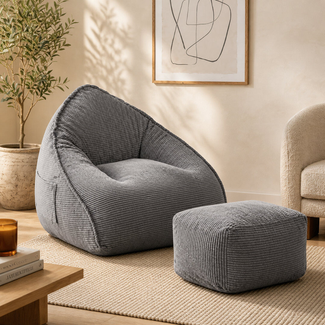 Ebern Designs Cloud Large Bean Bag Chair with Ottoman, Corduroy Lounge Chair with 35D High-Density Foam, Beanbag Chair for Adults, Boneless Floor Chair for Living R Grey Large