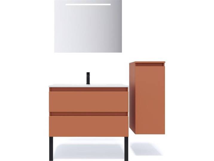 Ensemble salle de bain vasque intégrée 90cm 2 tiroirs Terracotta + miroir + colonne droite - Hudson