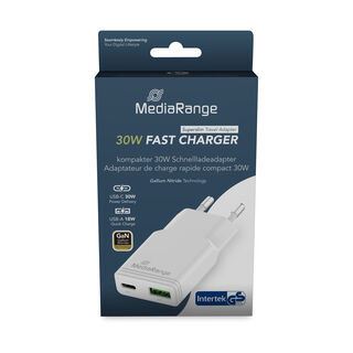MediaRange Ladegerät 30W 2-Port 1x USB-A/1x USB-C GaN, weiß
