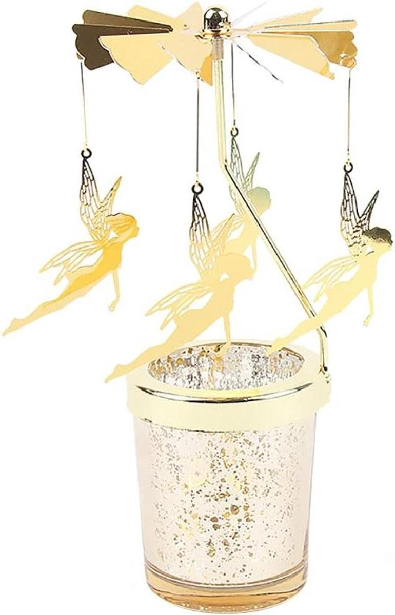 Theelicht carrousel Goud - Roterende kandelaar voor sfeervolle verlichting - Hoogte: 13 cm