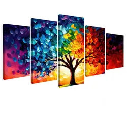 LEINWANDBILD 5er Set Baum - Farbenfroh - Malerei-Look - Abstrakt 150x80 cm
