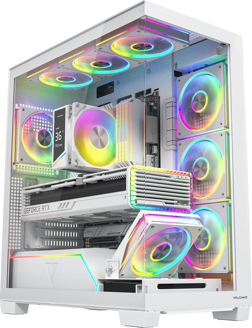 Modecom Volcano Stellar Plus ARGB 8F Midi-tower computerbehuizing, wit, met glazen zijpaneel en 8 voorgeïnstalleerde ARGB-ventilatoren
