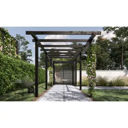 Pergola Holz Modern in zwei verschiedenen Größen und einer Verlängerung in der Farbe Schwarz