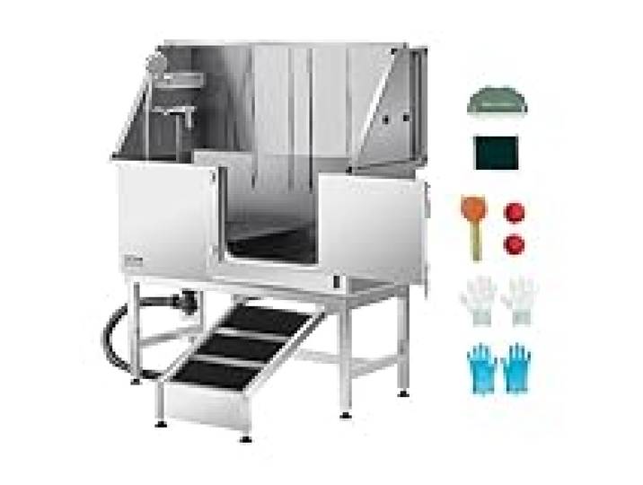 VEVOR Baignoire de Chien Acier Inoxydable, Baignoire de Toilettage pour Animaux de Compagnie 127 cm Station de Lavage Chat, avec Rampe, Panneau Filtre à Eau, Robinet, Pommeau de Douche, Porte Droite