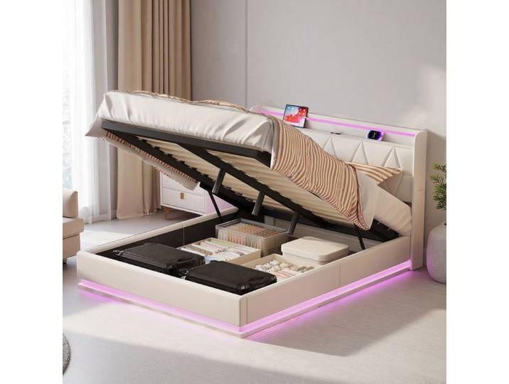 Lit double 140x200 cm - ADWOLT - LED - Velours blanc - Design contemporain - Montage facile
