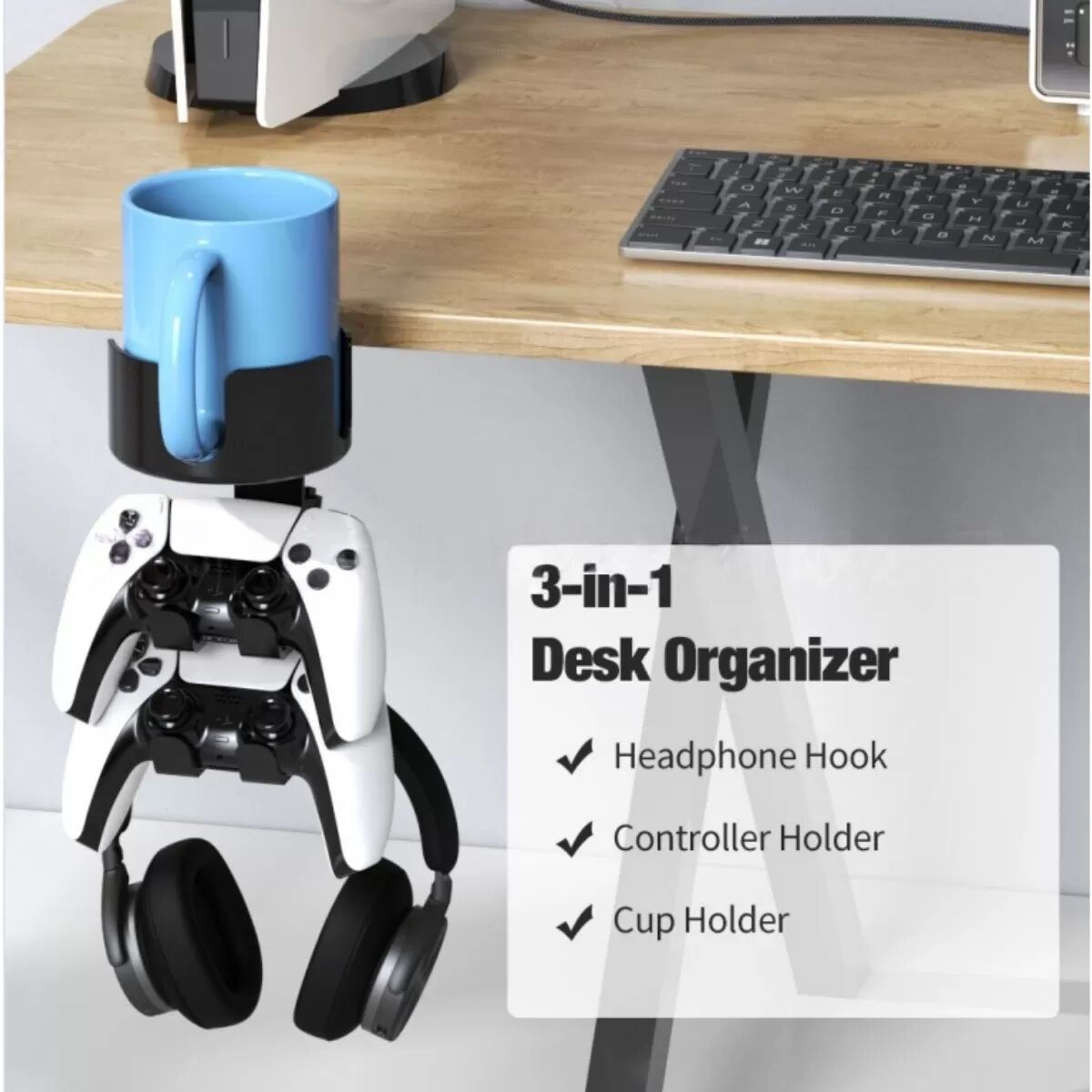 INF Schwarze Tisch-Getränkehalterung mit Kopfhörerhaken - 360° drehbarer Getränke- & Headset-Ständer