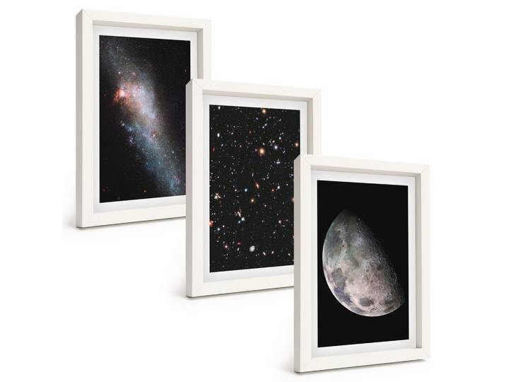 BILDER SET 3er Set - 20x30 cm Weißer Rahmen - Weltraum Galaxien Sterne Mond