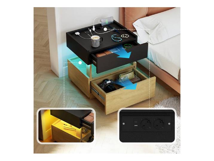 Fine Life Pro Nachttisch Nachttisch mit kabelloser Ladefunktion, (Schwarz und Naturholz)
