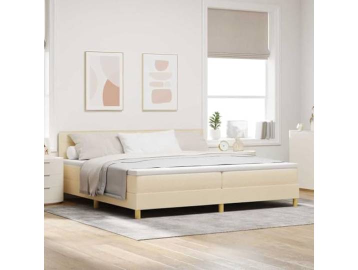 Boxspringbett mit Kissen creme 200 x 200 cm Stoff Minimalistisches Design, klare Linien, rechteckige Form, mittlere Matratze, feste Lattenroste aus Holz und Metall