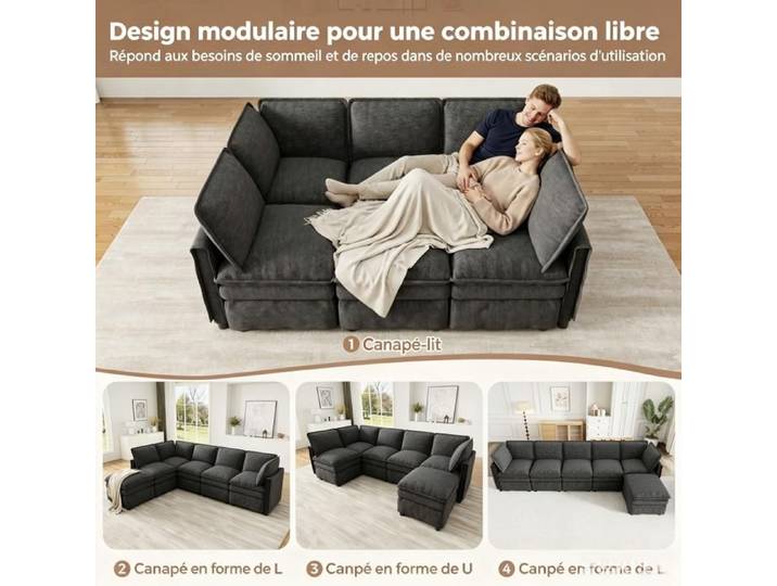 Canapé modulable 6 places - 344x127x91 cm - canape angle - canape convertible en lit - Canape d'angle - chenille - gris