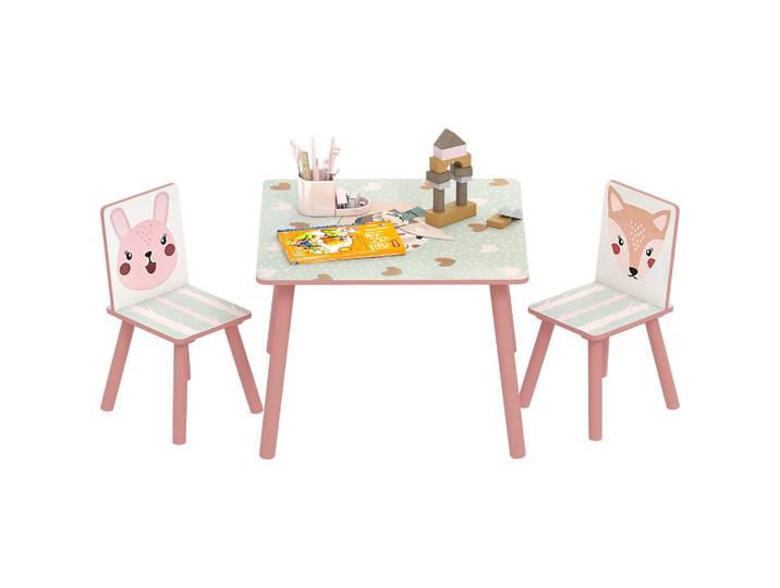 Zonekiz Ensemble table et 2 chaises Ensemble de meubles pour enfants 3 pièces pour enfants +3 ans avec imprimé animal et rose