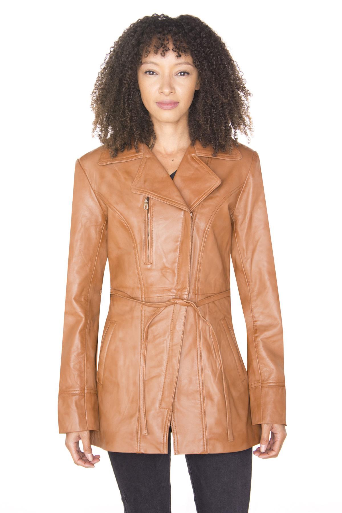 Lange Damen-Bikerjacke aus Leder – Muskat