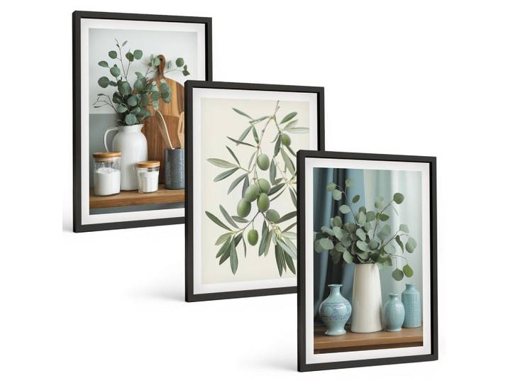 BILDER SET 3er Set - 40x60 cm Schwarzer Rahmen - Grüne Oliven, Eukalyptus