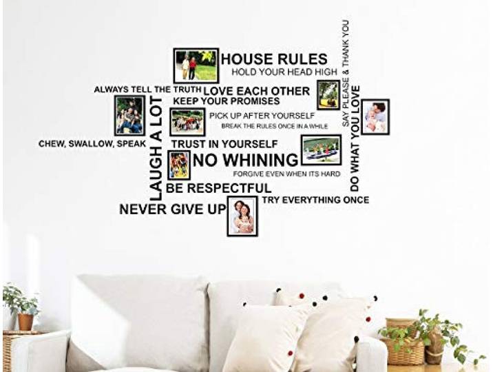 Wallflexi Huisregels citaat vogelkooi muurstickers met fotolijst, vinyl, meerkleurig, 90 x 30 x 0,05 cm