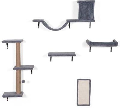 Costway 5-in-1 Cat Wall Shelves with Condo Bridge Perch Platform Scratching Post and Board for Indoor-Gray
