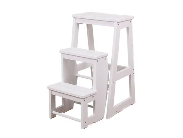 Luercher Massivholz-Treppenhocker, multifunktionale dreistufige Leiter Stuhl-Klapptreppe, geeignet for Küche, Bad und Büro(White)