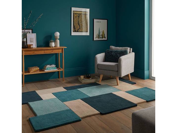 Wollteppich Collage Blau/Türkis/Beige 150 x 240cm Wolle