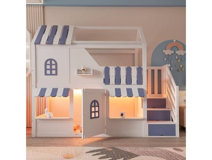 Merax Kinder-Hochbett 90x200 cm, Hausbett mit Dach, Fenstern, Tür, LED-Beleuchtung, Stauraumleiter, Regale, Holzrahmen, Etagenbett, Weiß-Blau (ohne Matratze)
