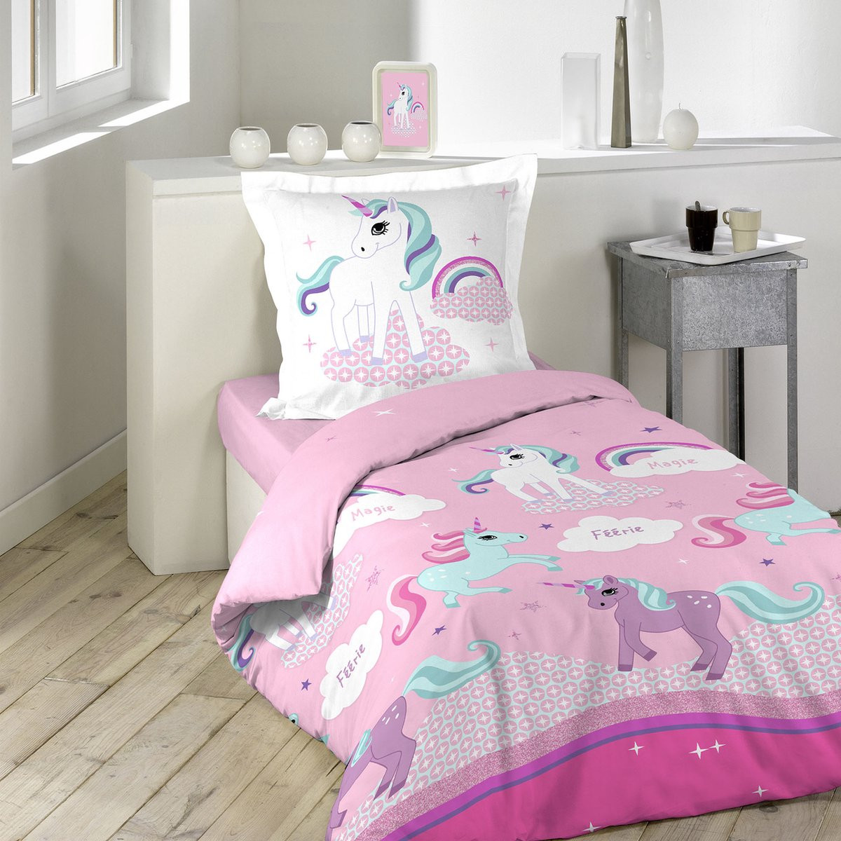 Roze Unicorn Dekbedovertrek voor kinderen, 100% katoen, 140 x 200 cm