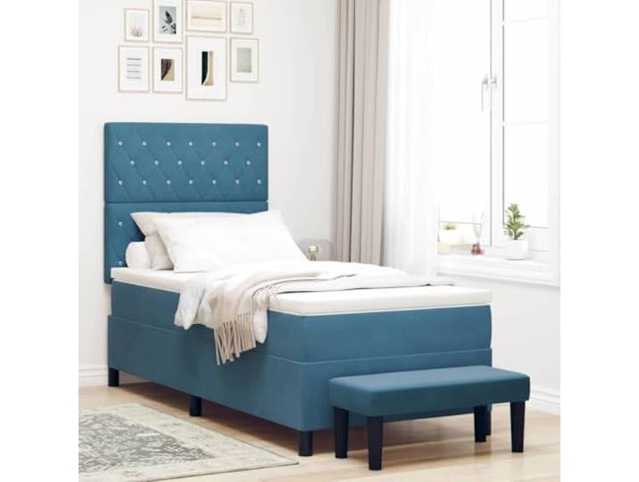 WDGJJFECNMUEHI Samt Kopfteil Modernes Design 90 x 190 cm Dunkelblau Boxspringbett mit Matratze Dunkelblau 90x190 cm Samt Bett mit Kopfteil Lattenrost Modernes Polsterbett Einzelbett