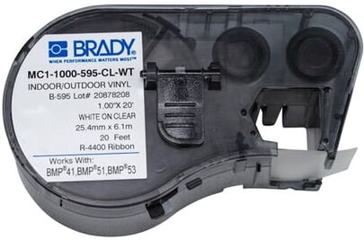 Brady MC1-1000-595-CL-WT fita de vinil branco sobre transparente 25,4 mm x 6,1 m