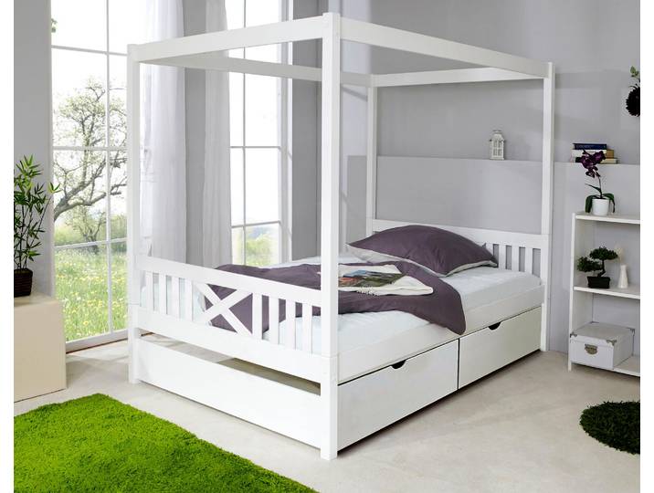 Himmelbett TICAA Lino , weiß (kiefer massiv weiß gewachst), B:148cm, Betten, Himmelbett, inkl. Schubkasten und Rollrost